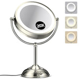 20x Large Lighted Makeup Mirror, Rechargeable 8.6" Magnifying Makeup Mirror, 30-Minute Timer,3 Color Modes, Adjustable Brightness, No Assembly Required, 360° Rotation Cosmetic Mirror, Pearl Nickel