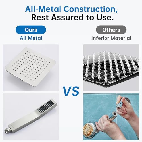 G-Promise All Metal 8 Inch Dual Square Shower Head with Handheld Combo, Rain Shower Head, Adjustable Extension Arm, Smooth 3-Way Diverter, 71 Inch Extra Long Hose - A Bathroom Upgrade (Brushed Nickel)