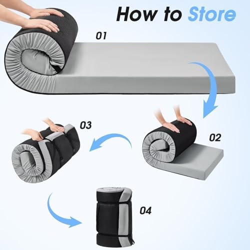 CYMULA Memory Foam Camping Mattress Pad,3inch Sleeping Pad for Camping,Non-Slip Bottom Floor Cot Mattress Bed with Retaining Portable Roll up Mattress Pad Mat for Travel Truck Guest Bed Tent