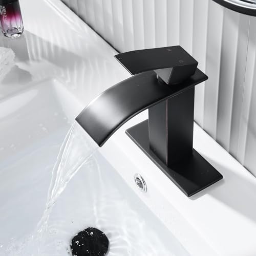 Fransiton Oil Rubbed Bronze Waterfall Bathroom Faucet Lavatory Single Handle 1 or 3 Hole Bathroom Sink Faucet Washbasin Faucet with Deck and Pop-up Drain (Short, Oil Rubbed Bronze)