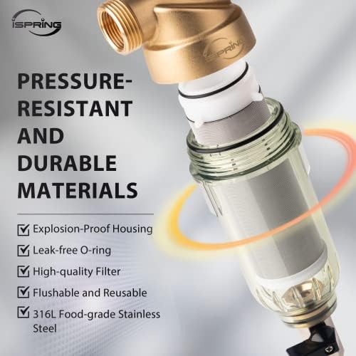 iSpring WSP-100 Reusable Whole House Spin Down Sediment Water Filter, 100 Micron Flushable Prefilter Filtration, 1" MNPT + 3/4" FNPT, Brass