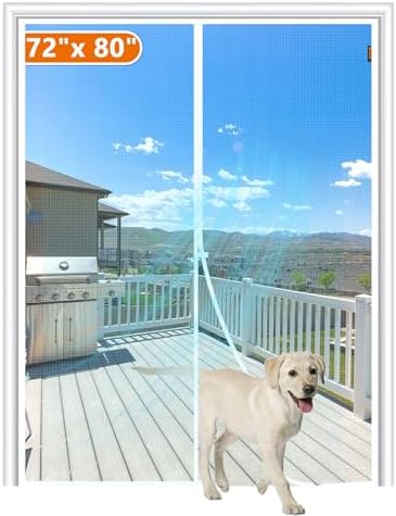 MAGZO Magnetic Screen Door Fit Door Size 72 x 80 Inch, Screen Size 74" x 81" Strong Magnet Door Mesh with Reinforced Hook & Loop for Patio, Sliding, French, White