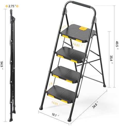 KINGRACK 4 Step Ladder, Sturdy Steel Step Stool with Safe-Lock Design, Handrail, Anti-Slip Wide Pedals, Pass 800lbs Load Testing, Folding Portable Ladder for Multi-Purpose, Home, Kitchen, Black