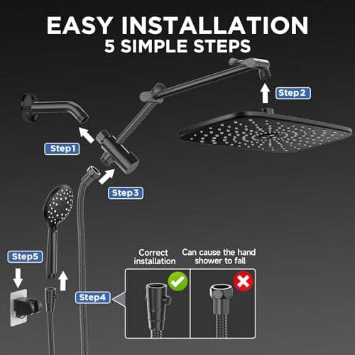 Veken Wide Rain Shower Head with 6 Modes Handheld Water Spray，High Pressure Showerhead Combo with Arm for Bathroom Accessories，Home Decor Adjustable Dual Shower with Anti-Clog Nozzles，Matte Black