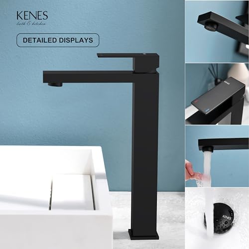 KENES Matte Black Bathroom Faucet Single Handle Tall Vessel Sink Faucet Vanity Bathroom Faucet Basin Mixer Tap with Water Supply Hose and Pop Up Sink Drain, LJ-9031A-2