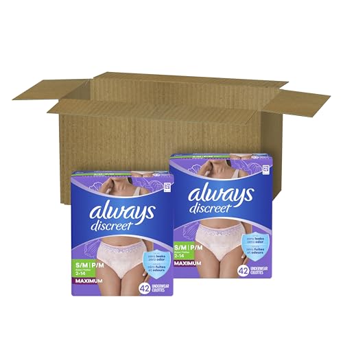 Always Discreet Adult Incontinence Underwear for Women and Postpartum Underwear, Small/Medium, Up to 100% Bladder Leak Protection, 84 Count (2 Packs of 42)