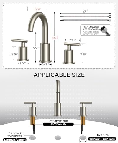 FORIOUS 8 In Widespread Brushed Nickel Bathroom Faucet 3 Hole with Metal Pop Up Drain and 24 Inch Supply Hose, 2 Handle 3 Hole Vanity Faucet for Bathroom Sink Brush Nickel with 360 Degree Swivel Spout