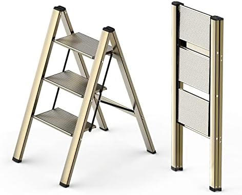 WOA WOA 3 Step Ladder, Foldable Step Stool, Aluminum Lightweight Ladder for Home Kitchen Closet, Anti-Slip Pedals, Ease of Folding, Portable, 300lbs Capacity - Gold