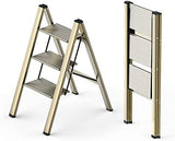 WOA WOA 3 Step Ladder, Foldable Step Stool, Aluminum Lightweight Ladder for Home Kitchen Closet, Anti-Slip Pedals, Ease of Folding, Portable, 300lbs Capacity - Gold