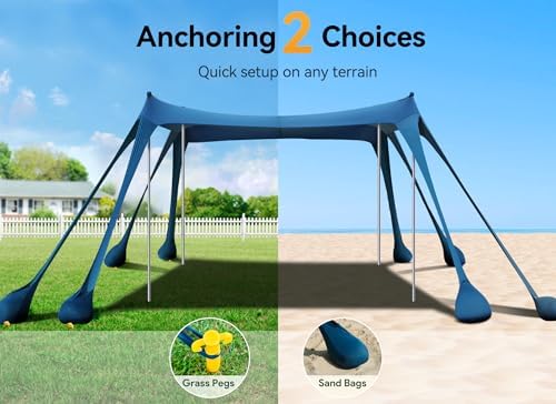 Beach Tent, Beach Canopy Sun Shade with UPF50+ UV Protection, 10x10ft, Includes 8 Sandbags, Sand Shovel, Ground Pegs & 4 Stability Poles, Pop Up Sun Shelter for Camping, Picnics, Backyard Fun
