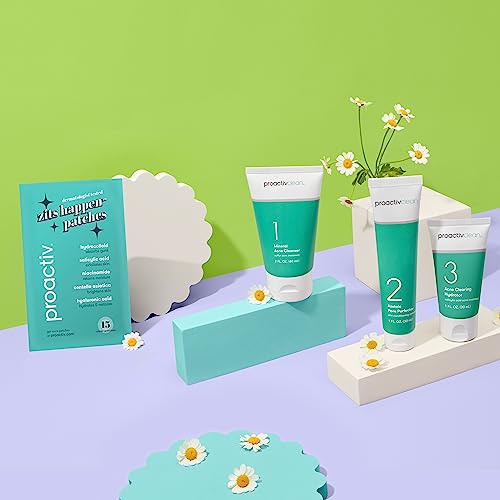 Proactiv Clean 3 Step Acne Treatment Routine- Sulfur Acne Treatment Cleanser, Azelaic Acid Serum, and Facial Moisturizer for Acne Prone Skin- 30 Day Acne Skin Care Kit w/Zits Happen® Pimple Patches
