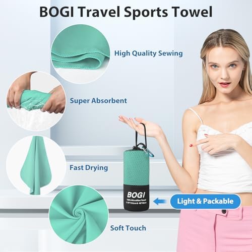 BOGI Microfiber Travel Sports Towel-Quick Dry Travel Soft Lightweight Absorbent Compact Sports Towel for Camping Gym Beach Bath Yoga Swimming Backpacking (L:60''x30''+16''x16''-Mint)