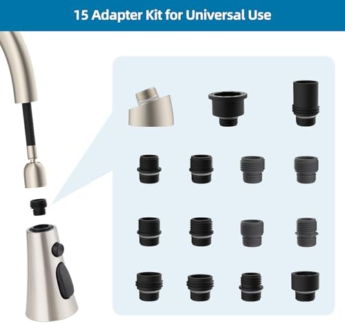 Universal Kitchen Faucet Head Replacement with 15 Adapter Kit Compatible with Kohler/Moen/Delta Faucet, 3 Function Pull Down Sink Faucet Spray Head, Brushed Nickel