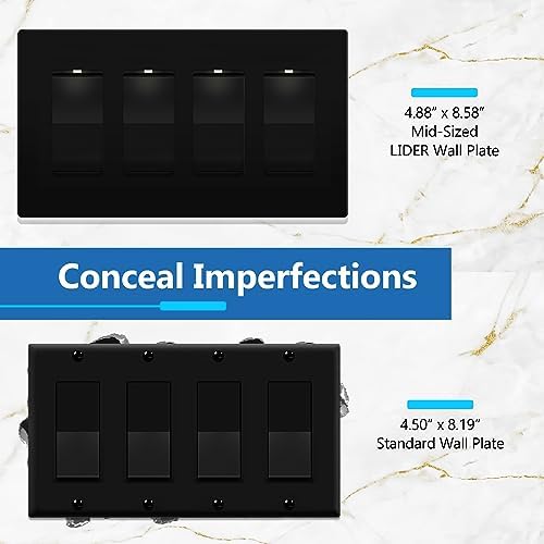 LIDER Matte Finish Quadruple Decorator Switch Cover, Screwless Wall Plate, Mid-Size 4-Gang 4.88" x 8.58", Polycarbonate Thermoplastic, UL Listed, LSWP-34M-BK, Black