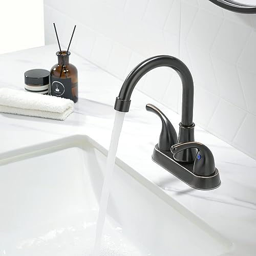 Bathroom Sink Faucet FRANSITON 4 Inch Faucet 2 Handle Bathroom Sinks Faucets Lead-Free Oil Rubbed Bronze Bath Sinks Faucets with Pop-up Drain Stopper and Supply Hoses