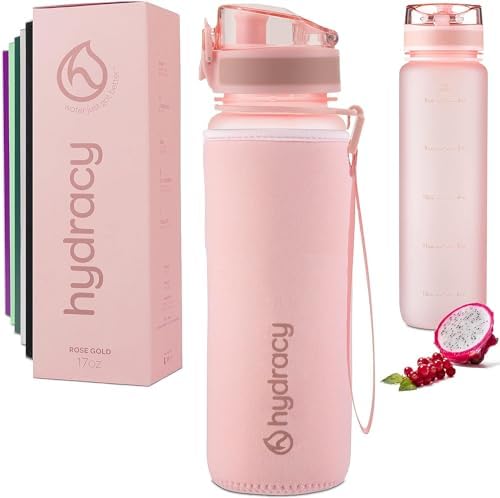 Hydracy Water Bottle with Time Marker -Large BPA Free Water Bottle & No Sweat Sleeve -Leak Proof Gym Bottle with Fruit Infuser Strainer & Times to Drink -Ideal for Fitness Sports & Outdoors