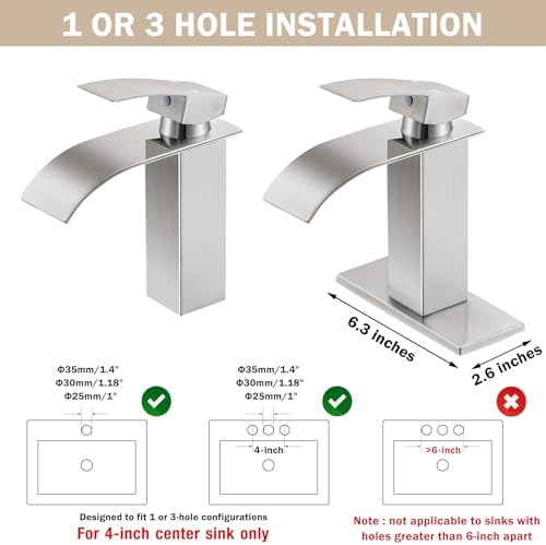 Qomolangma Waterfall Bathroom Faucet, Brushed Nickel Modern Single Handle Bathroom Faucets for 1 or 3 Hole Bathroom Sink Faucet Mixer Tap Washbasin Faucet with Deck, Pop-up Drain and Supply Hoses