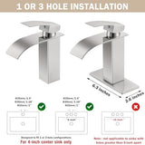 Qomolangma Waterfall Bathroom Faucet, Brushed Nickel Modern Single Handle Bathroom Faucets for 1 or 3 Hole Bathroom Sink Faucet Mixer Tap Washbasin Faucet with Deck, Pop-up Drain and Supply Hoses