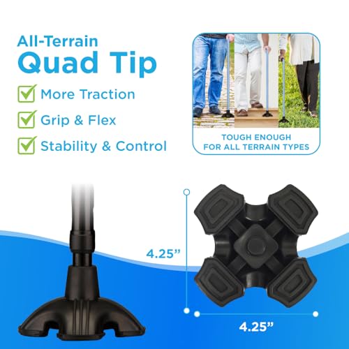 NOVA Sugarcane, Walking Cane with All Terrain Rubber Quad Tip Base and Carrying Strap, Black Design