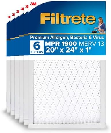 Filtrete 20x24x1 AC Furnace Air Filter, MERV 13, MPR 1900, Premium Allergen, Bacteria & Virus Filter, 3-Month Pleated 1-Inch Electrostatic Air Cleaning Filter, 6-Pack (Actual Size 19.81x23.81x0.78 in)