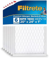 Filtrete 20x24x1 AC Furnace Air Filter, MERV 13, MPR 1900, Premium Allergen, Bacteria & Virus Filter, 3-Month Pleated 1-Inch Electrostatic Air Cleaning Filter, 6-Pack (Actual Size 19.81x23.81x0.78 in)