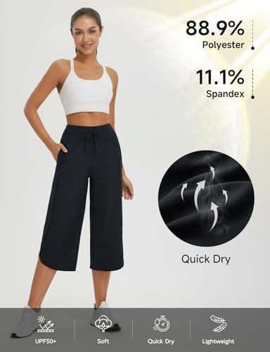 baleaf Women's Capri Pants Wide Leg Athletic Yoga Capris with Pockets Quick Dry Hiking Pants Loose Lounge Summer UPF 50+