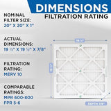Glasfloss 20x20x1 MERV 10 (FPR 5-6) Pleated Air Filters Box of 6. Actual Size: 19-1/2 x 19-1/2 x 7/8