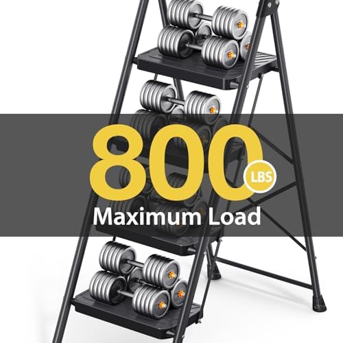 KINGRACK 4 Step Ladder, Sturdy Steel Step Stool with Anti-Slip Wide Pedals, Handrail, Safe-Lock Design, Pass 800lbs Load Testing, Folding Portable Ladder for Multi-Purpose, Home, Kitchen, Black