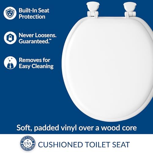 Mayfair Padded Toilet Seat, Cushioned Soft Vinyl over Wood Core Seat, Secure Hinges, Easy Clean, Round, White