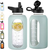 CIVAGO 64 oz Glass Water Bottle Jug with Straw and Handle, Half Gallon Sports Motivational Bottle with Time Marker and 2 Lids, Flask Canteen with Silicone Sleeve for Gym, Sage