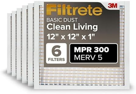 Filtrete 12x12x1 Air Filter, MPR 300, MERV 5, Clean Living Basic Dust 3-Month Pleated 1-Inch Air Filters, 6 Filters