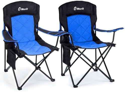 EMERIT 2 Pack Oversized Padded Camping Chair, 350LB Heavy Duty Quad Fold Chair with Arms, Collapsible Outdoor Chairs with Lumbar Back & Cup Holder
