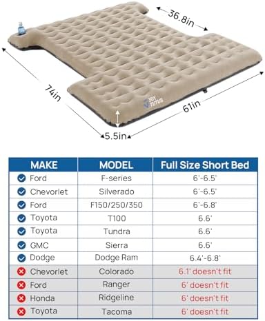 JOYTUTUS Truck Bed Air Mattress for 6.4-6.7Ft Full Size Regular Truck Beds Inflatable Air Mattress for Outdoor Camping,Pickup Tent Accessories with Pump,Cup Holder&2 Pillow(Smooth Edge)