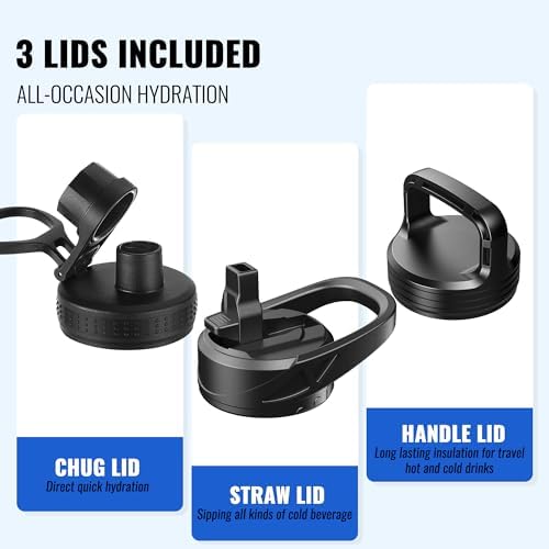 24oz Insulated Water Bottle with Straw, Stainless Steel Metal Vacuum Water Flask, Large Thermos Water bottle with Leakproof 3 Lids for Travel, Camping, Gym Sports Indigo Black