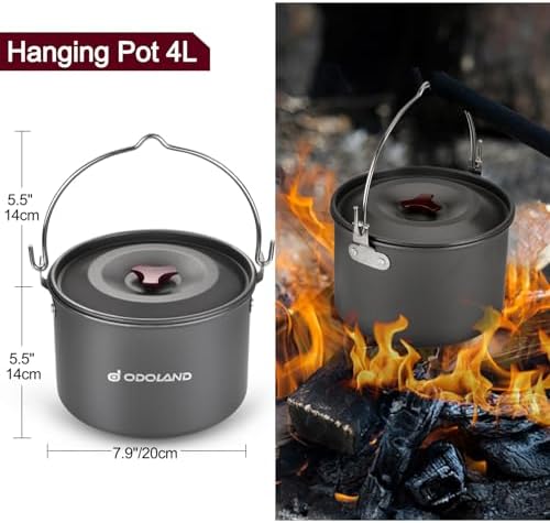 Odoland 22pcs Camping Cookware Mess Kit, Large Size Hanging Pot Pan Kettle with Base Cook Set for 4, Cups Dishes Forks Spoons Kit for Outdoor Camping Hiking Picnic