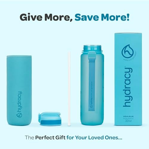 Hydracy Water Bottle with Time Marker -Large BPA Free Water Bottle & No Sweat Sleeve -Leak Proof Gym Bottle with Fruit Infuser Strainer & Times to Drink -Ideal for Fitness Sports & Outdoors