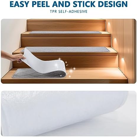 Stair Treads for Wooden Steps Indoor, KOOTETA 15 Pack 8" X 30" Non Slip Carpet Stair Treads with Reusable Adhesive for Kids Elders and Dogs, Surface Polyester TPR Backing Stair Rugs, Grey