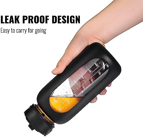 CIVAGO 32 oz Glass Water Bottle with Straw and Handle, Large Sports Motivational Water Bottle Flask with Time Marker and 2 Lids, Leakproof Water Jug Canteen with Silicone Sleeve for Gym,Lavender