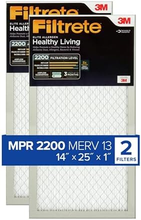 Filtrete 14x25x1 AC Furnace Air Filter, MERV 13, MPR 2200, Elite Allergen, Bacteria & Virus Filter, 3-Month Pleated 1-Inch Electrostatic Air Cleaning Filter, 2-Pack (Actual Size 13.81x24.81x0.78 in)