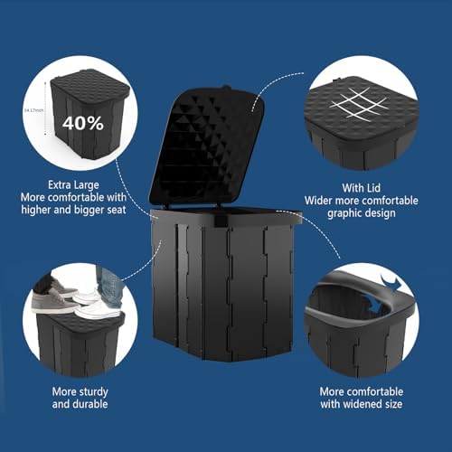 Hapoon XL Portable Folding Toilet with Lid - Travel Portable Potty for Adults, 12 Toilet Bags, 12 Pack Liquid Waste Gel
