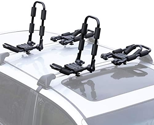 Leader Accessories Folding Kayak Rack 4 PCS/Set J Bar Car Roof Rack for Canoe Surf Board SUP On Roof Top Mount on SUV, Car and Truck Crossbar with 4 pcs Tie Down Straps