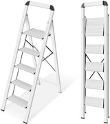 KINGRACK Aluminium 5 Step Ladder, Lightweight Step Stool with Non-Skid Pedals, Handrail, Foldable Step Ladder for Kitchen, Garage, Home, Space Saving, Sturdy and Portable, Silver