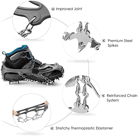 Crampons Ice Cleats Traction Snow Grips for Boots Shoes Women Men Anti Slip 19 Stainless Steel Spikes Safe Protect for Hiking Fishing Walking Climbing Mountaineering