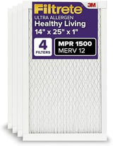 Filtrete 14x25x1 AC Furnace Air Filter, MERV 12, MPR 1500, CERTIFIED asthma & allergy friendly, 3 Month Pleated 1-Inch Electrostatic Air Cleaning Filter, 4-Pack (Actual Size 13.81x24.81x0.78 in)