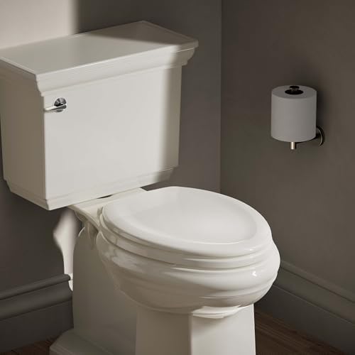 KOHLER Stonewood Quiet-Close Elongated Toilet Seat, Slow Close Design, Durable Wood, Easy Installation, Universal Fit, Biscuit, K-20466-96
