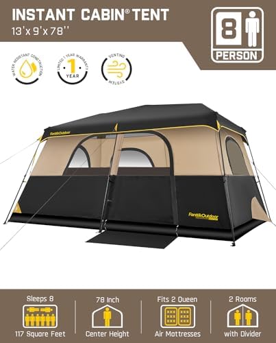 FanttikOutdoor Instant Cabin Tent 6/8/10/12 Person Camping Tent Setup in 60 Seconds with Rainfly & Windproof Portable with Carry Bag for Family Camping & Hiking, Upgraded Ventilation, Khaki