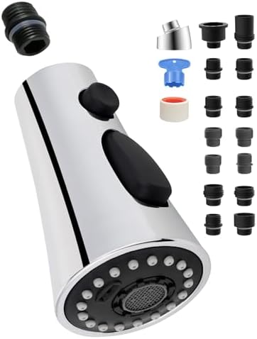 Hygie Rinse Universal Kitchen Faucet Head Replacement with 15 Adapter Kit Compatible with Kohler/Moen/Delta Faucet, 3 Function Pull Down Sink Faucet Spray Head, Chrome