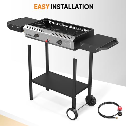 ROVSUN 2 Burner Outdoor Propane Gas Stove with Auto-ignition, Regulator & Shelf, 150,000 BTU Powerful Stand Cooker for Backyard Patio Cooking Home Brewing Canning Turkey Frying