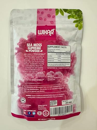 Wixar Wildcrafted Sea Moss Powder – (8 Ounces) – Natural Irish Sea Moss and Bladderwrack with Burdock Powder - Thyroid Support, Healthy Skin, Keto Detox, Joint Support Alkaline Supplements