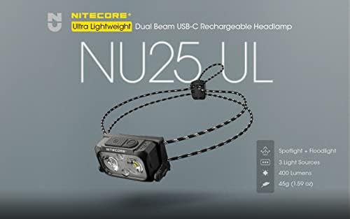 Nitecore NU25 400 UL Ultra Lightweight Headlamp, 400 Lumen USB-C Rechargeable with Lumentac Organizer for Back Packing, Camping and Running (Yellow)